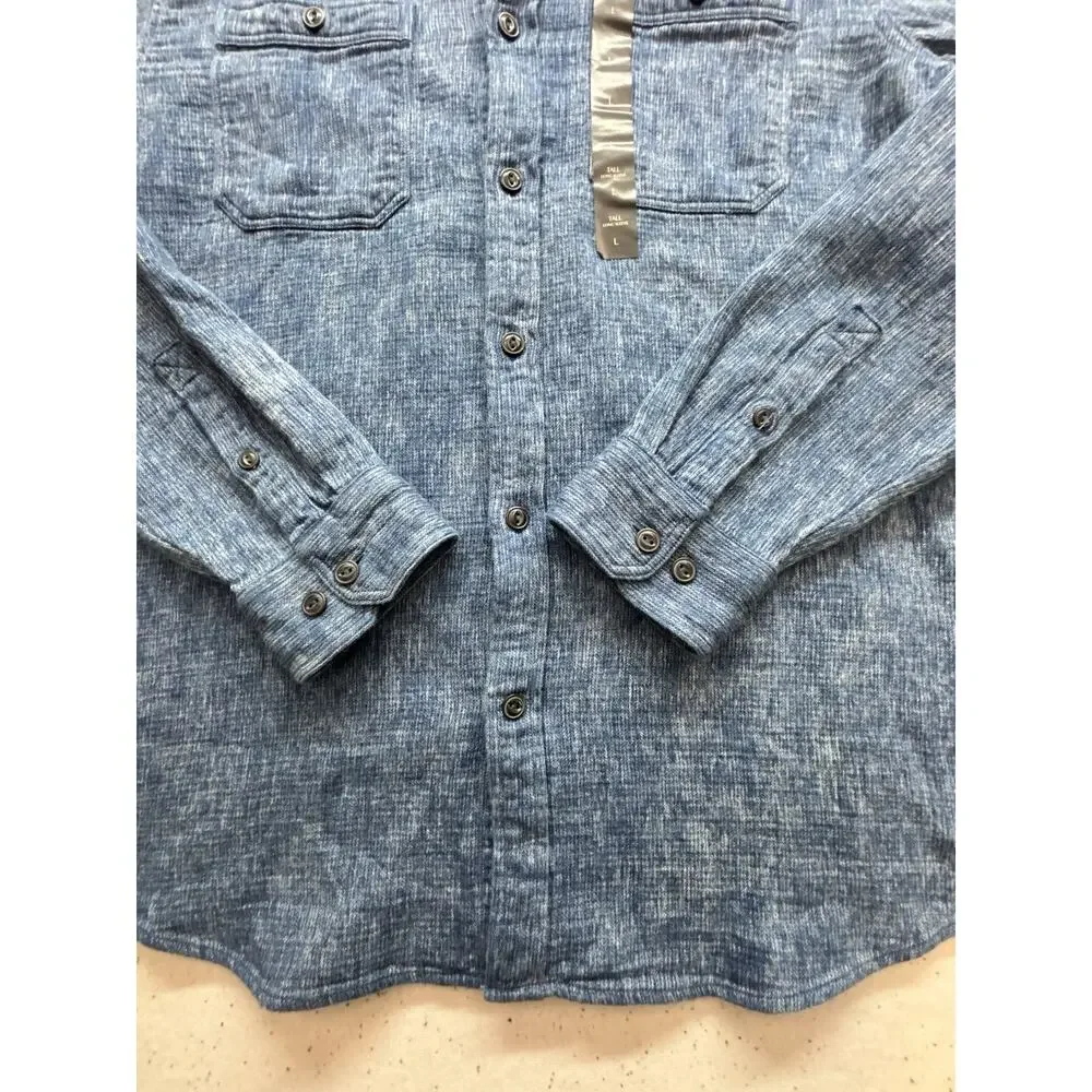 NWT Banana Republic Mens L Tall Button Up Shirt Indigo Blue Slub Chambray $75